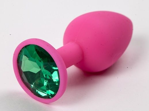 Розовая анальная пробка с зеленым кристаллом - 9,5 см. купить в секс шопе