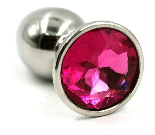 Серебристая малая анальная пробка с ярко-розовым кристаллом - 7 см. купить в секс шопе