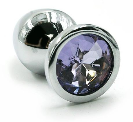 Серебристая алюминиевая анальная пробка с светло-фиолетовым кристаллом - 7 см. купить в секс шопе