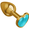 Золотистая анальная втулка с голубым кристаллом-сердцем - 7 см. купить в секс шопе