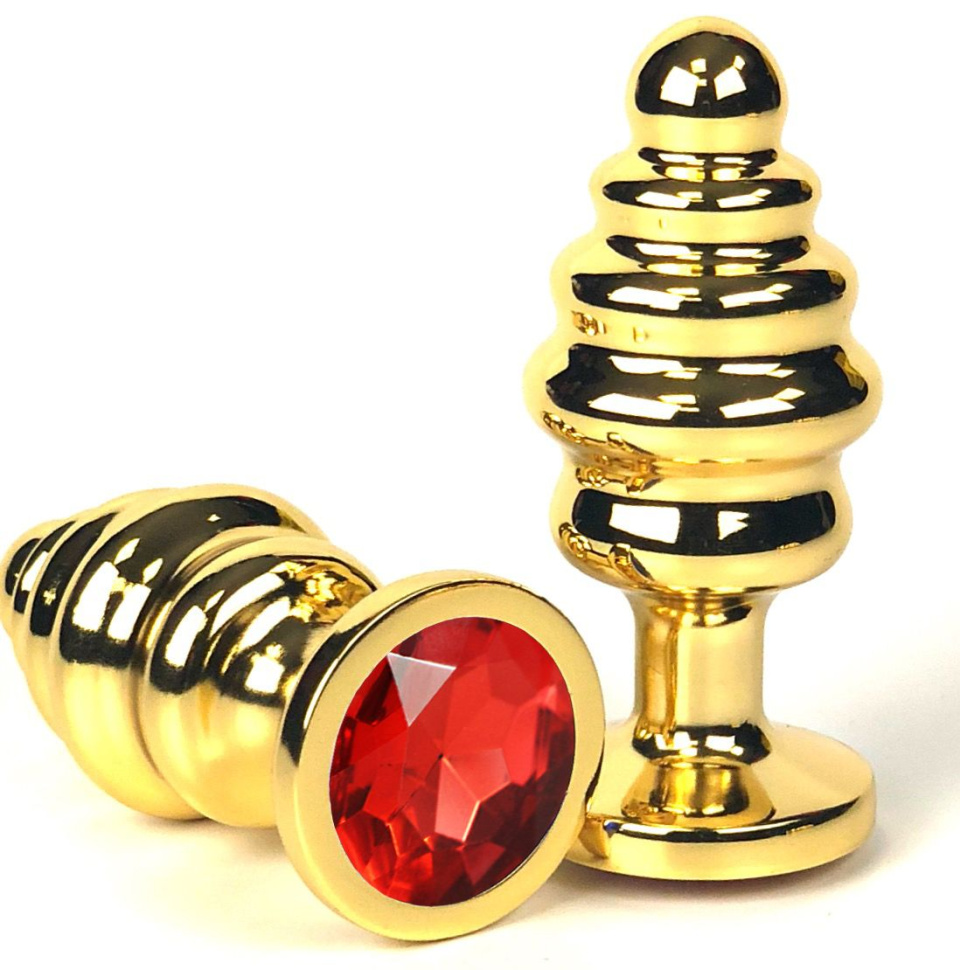 Золотистая ребристая анальная пробка с красным кристаллом - 6 см. купить в секс шопе