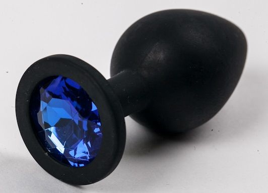 Черная силиконовая анальная пробка с синим стразом - 8,2 см. купить в секс шопе