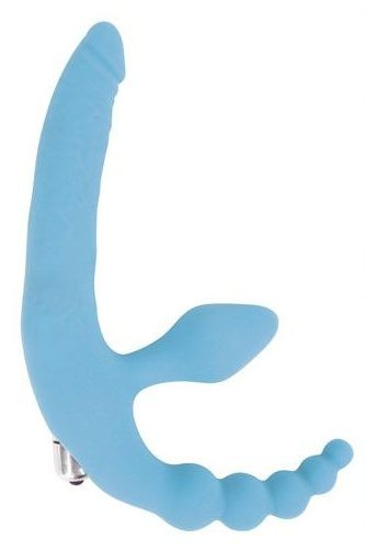 Голубой безремневой страпон с анальным отростком и вибрацией - 15 см. купить в секс шопе
