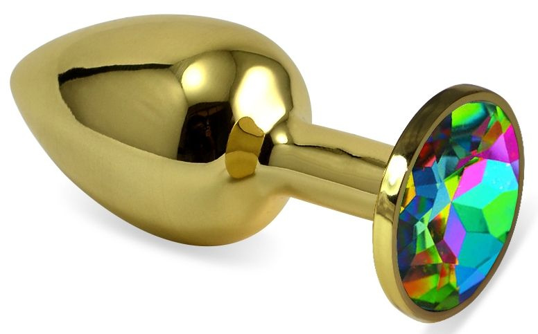 Золотистая анальная пробка с разноцветным кристаллом - 8 см. купить в секс шопе