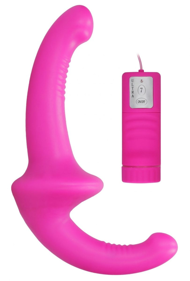 Розовый безремневой вибрострапон с пультом управления Vibrating Silicone Strapless Strapon купить в секс шопе