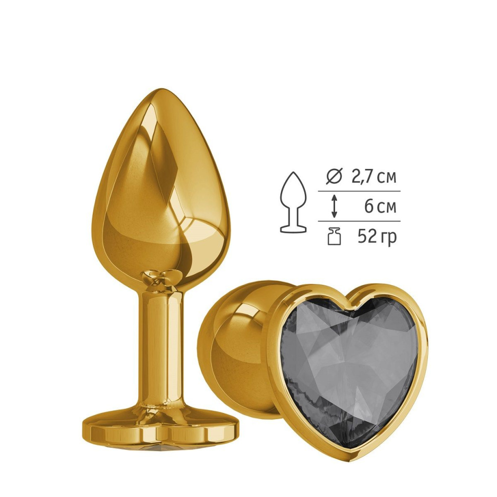 Золотистая анальная втулка с чёрным кристаллом-сердцем - 7 см. купить в секс шопе