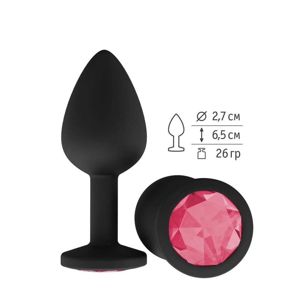 Чёрная анальная втулка с малиновым кристаллом - 7,3 см. купить в секс шопе