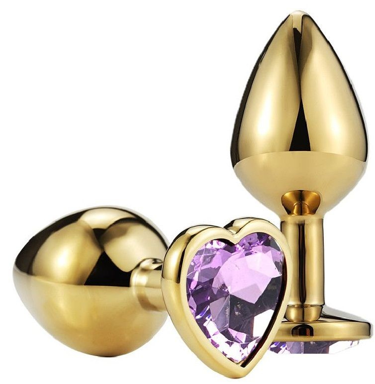 Золотистая анальная пробка с сиреневым кристаллом-сердечком - 7,5 см. купить в секс шопе