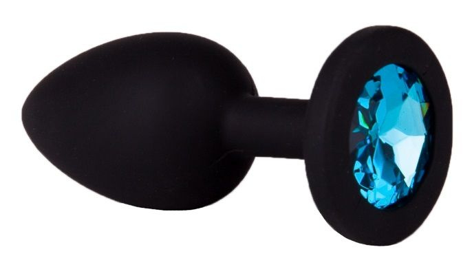Чёрная анальная втулка с голубым кристаллом - 7,3 см. купить в секс шопе
