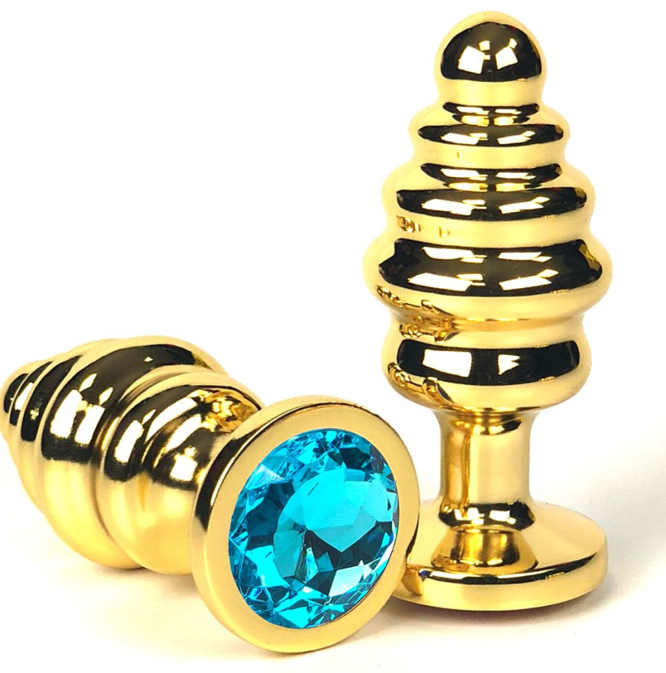 Золотистая ребристая анальная пробка с голубым кристаллом - 6 см. купить в секс шопе