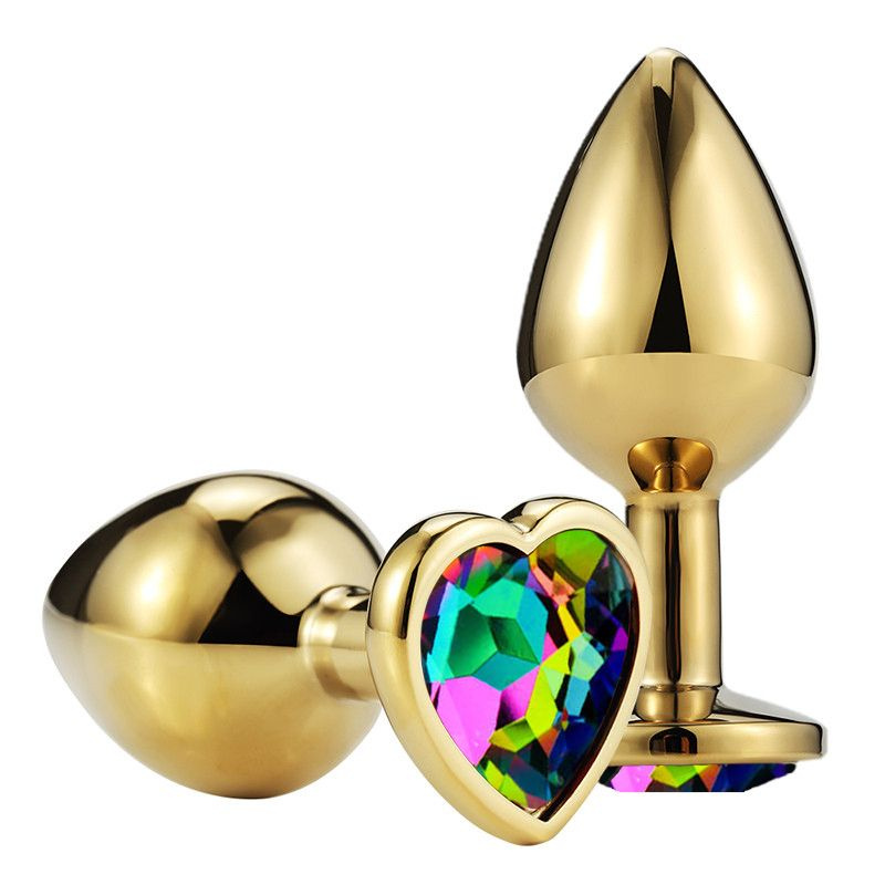 Золотистая гладкая анальная пробка с разноцветным кристаллом-сердечком - 6,8 см. купить в секс шопе