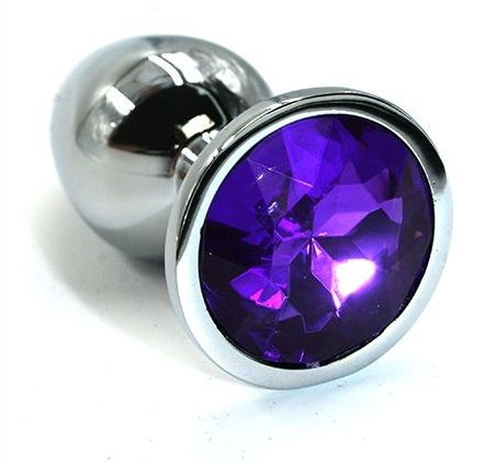 Серебристая алюминиевая анальная пробка с темно-фиолетовым кристаллом - 7 см. купить в секс шопе
