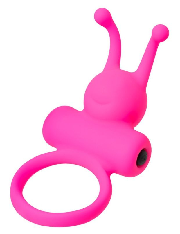 Розовое эрекционное виброкольцо с рожками купить в секс шопе