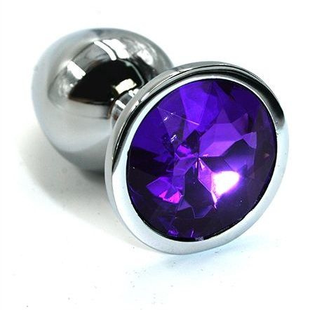 Серебристая алюминиевая анальная пробка с темно-фиолетовым кристаллом - 6 см. купить в секс шопе